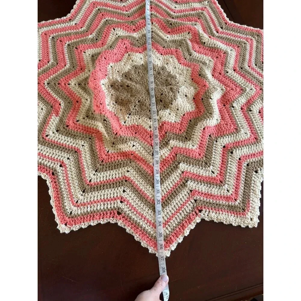 Handmade 12 Point Crochet Knit Star Baby Blanket Afghan Pink Brown Striped